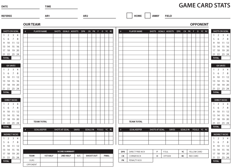 Soccer Football Game Summary Card Record Tracking Stats